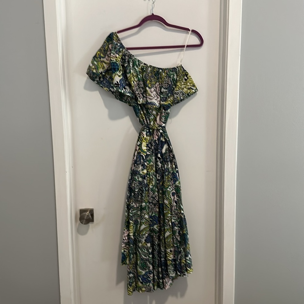 Alc coral print one shoulder ruffle dress